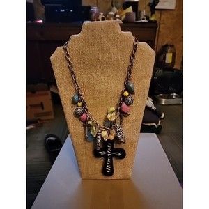 *USED* Trendy Cross Necklace With Lots Of Charms. Great Statement Piece